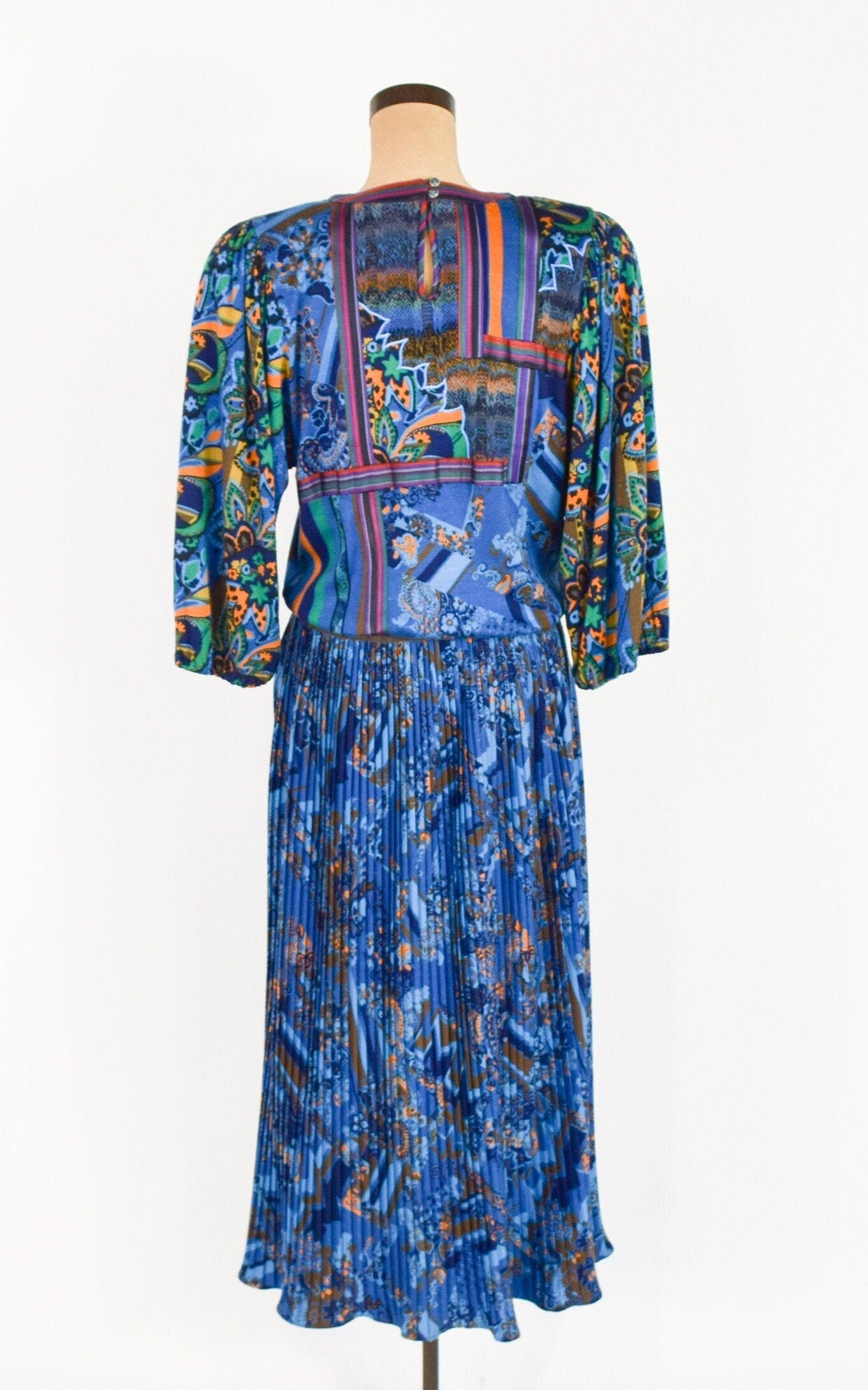 1980s Diane Freis Blue Wool Pleated Dress, Large