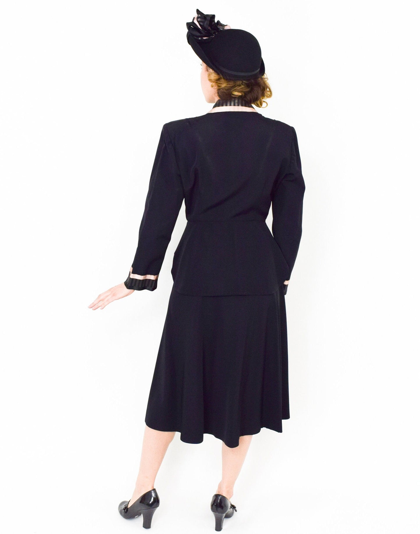 Vintage 1940s Doris Dodson Black Faille Suit | Black Pink Jacket & Skirt, Medium