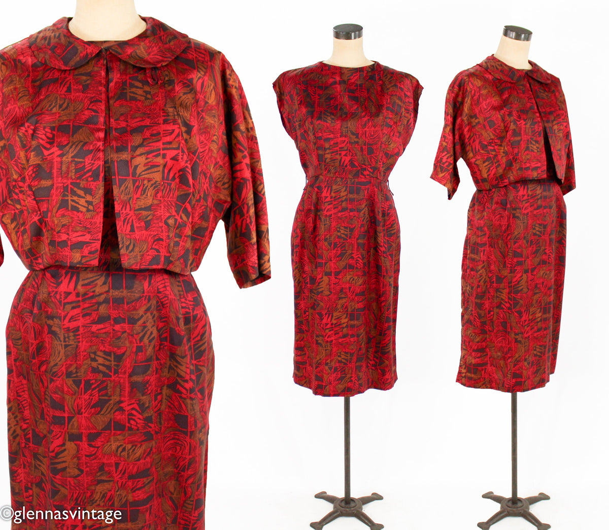 1950s Red Print Dress & Jacket | 50s Red Sheath Set | Large