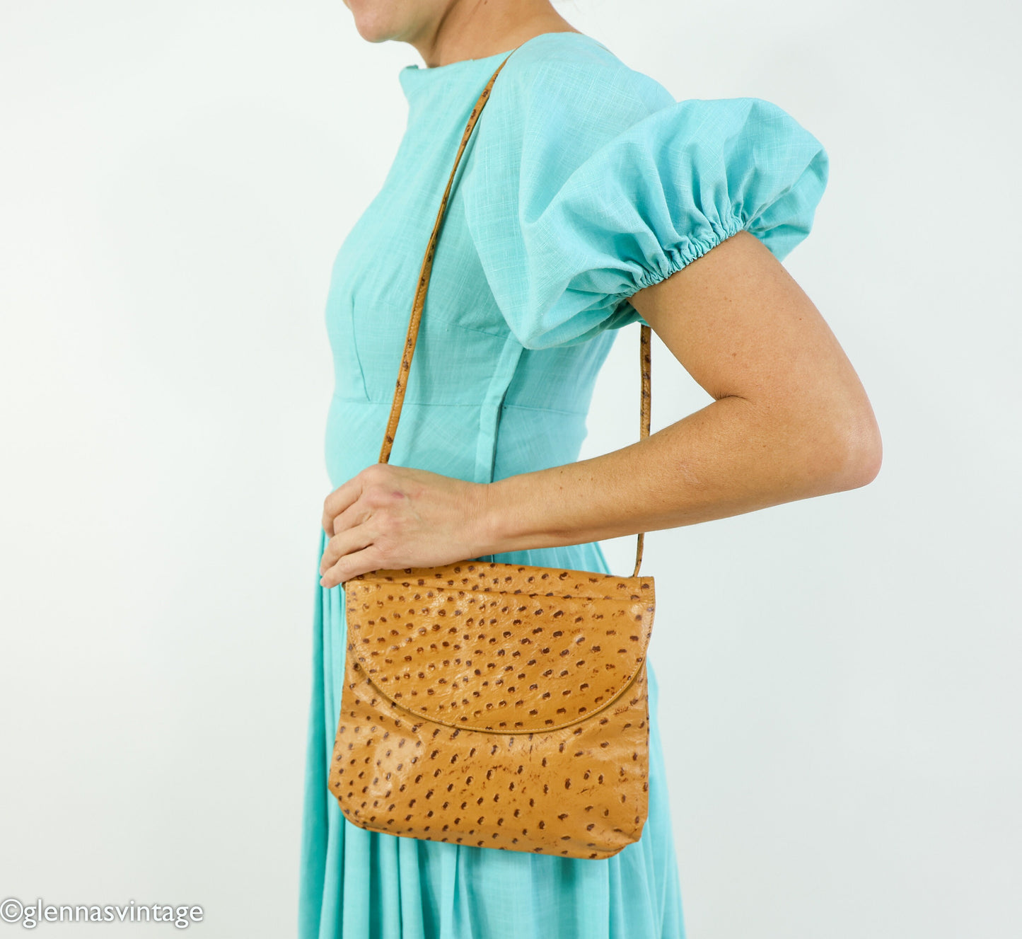 1980s Ostrich Embossed Leather Shoulder Bag | 80s Ostrich Carmel Leather Purse
