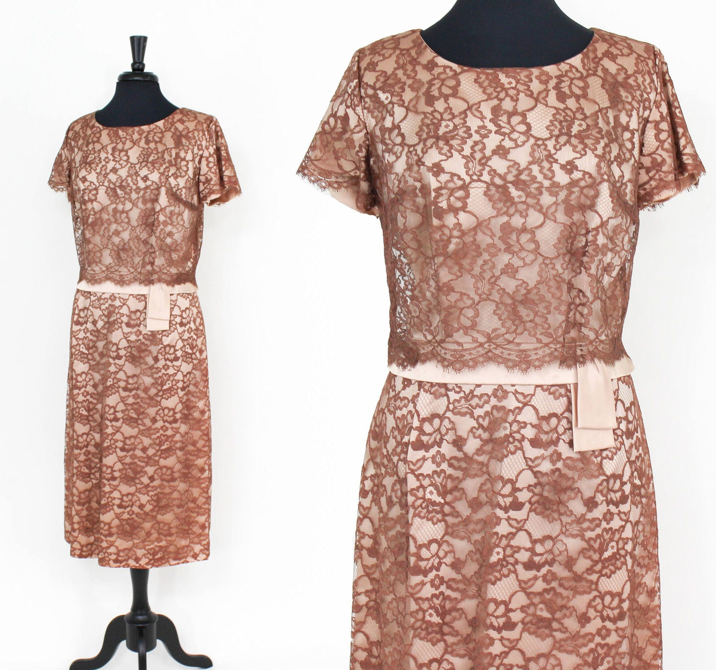 1950s Brown Lace Evening Dress |  50s Brown Lace & Satin Cocktail Dress | A DuBarry Fashion | Large
