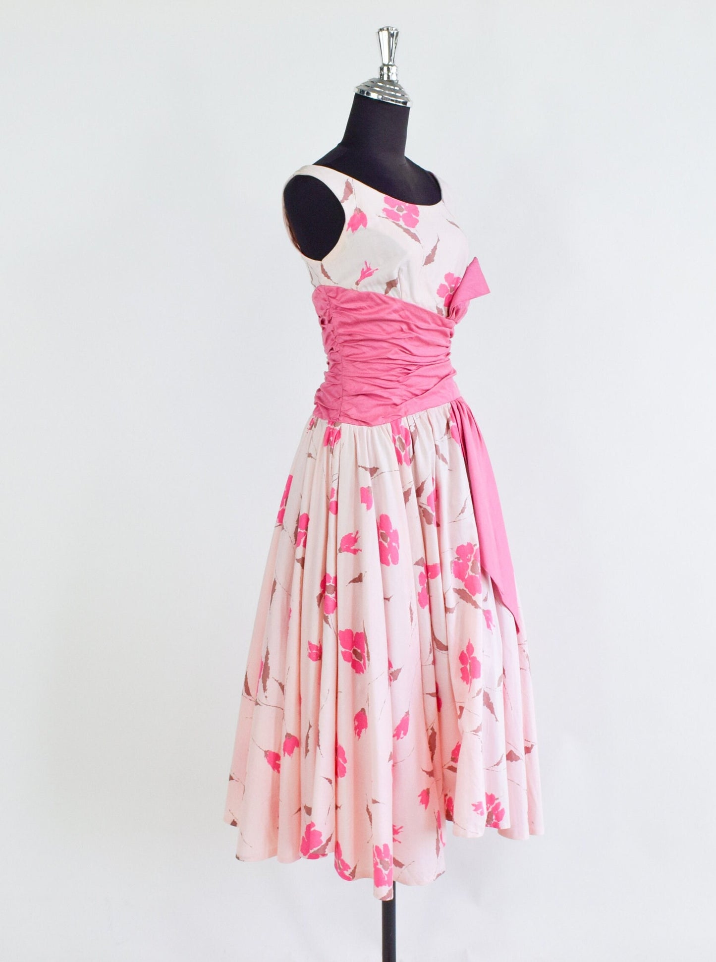 1950s Pink Floral Cotton Party Dress, Small