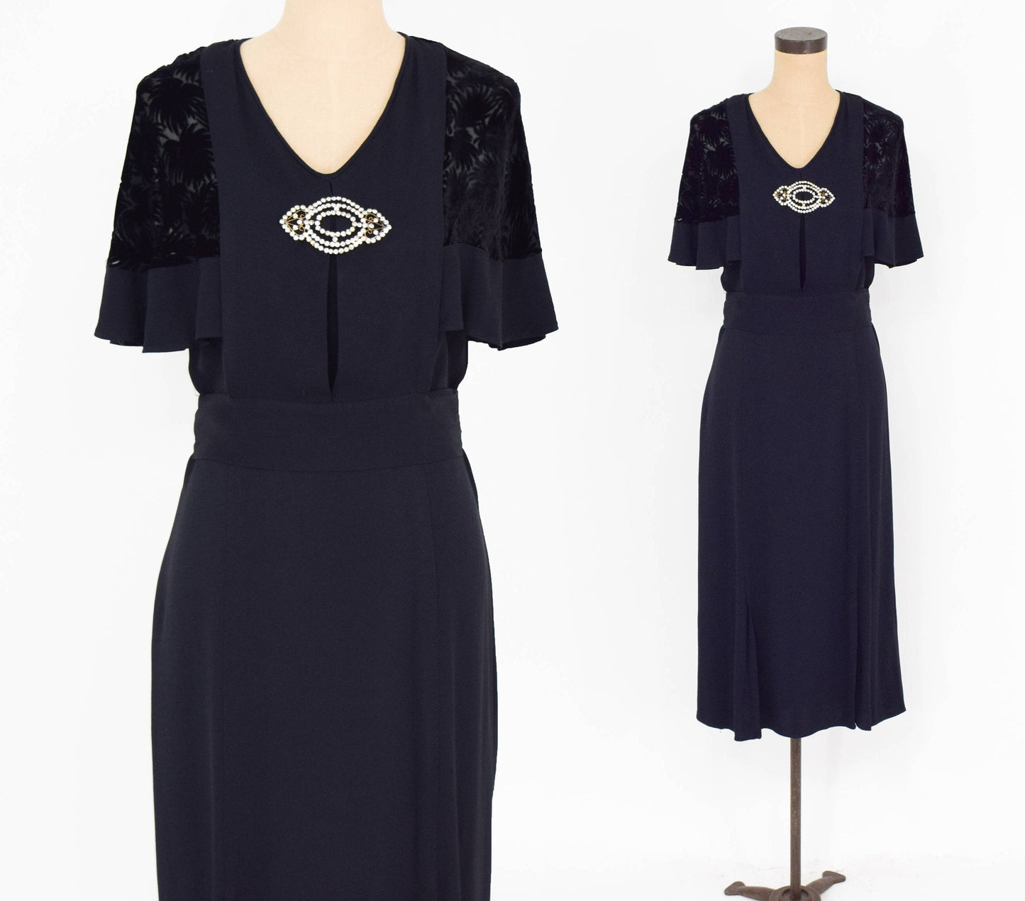 1900s Black Velvet Crepe Dress | Downton Abbey Style, Medium