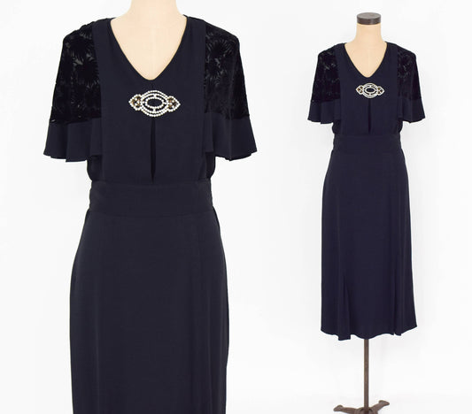 1900s Black Velvet Crepe Dress | Downton Abbey Style, Medium