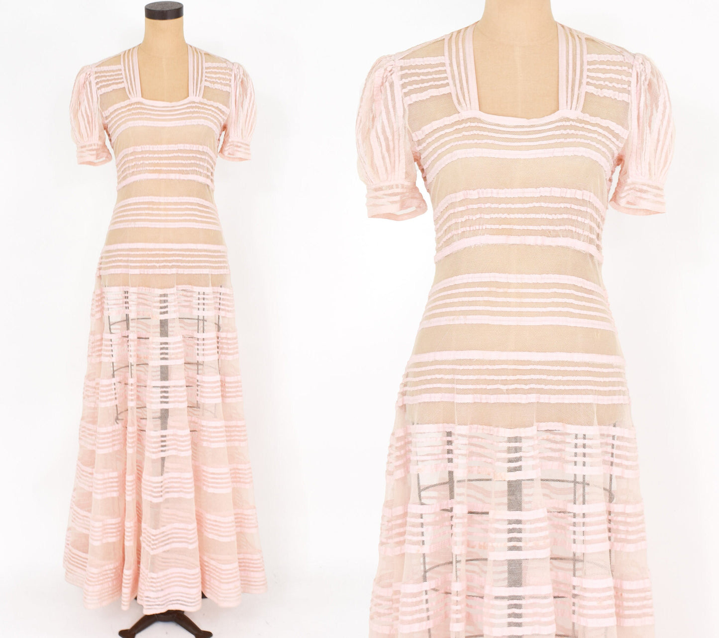 1930s Pink Striped Tulle Evening Gown, Medium
