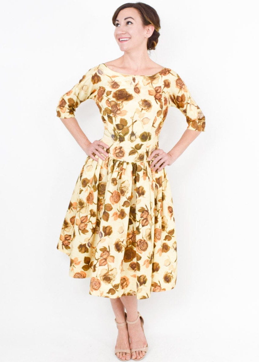 1950s Yellow Rose Floral Print Party Dress, Small