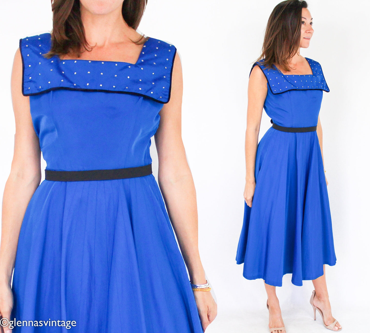 1940s Vintage Peacock Blue Taffeta Cocktail Dress with Rhinestone Collar, Small