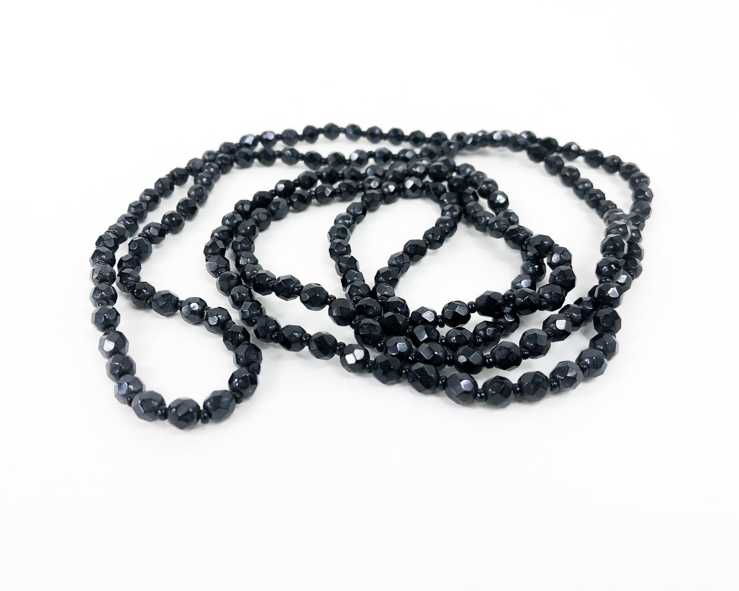 1960s Glass Beaded Necklace | 60s Black Faceted Glass Bead Rope