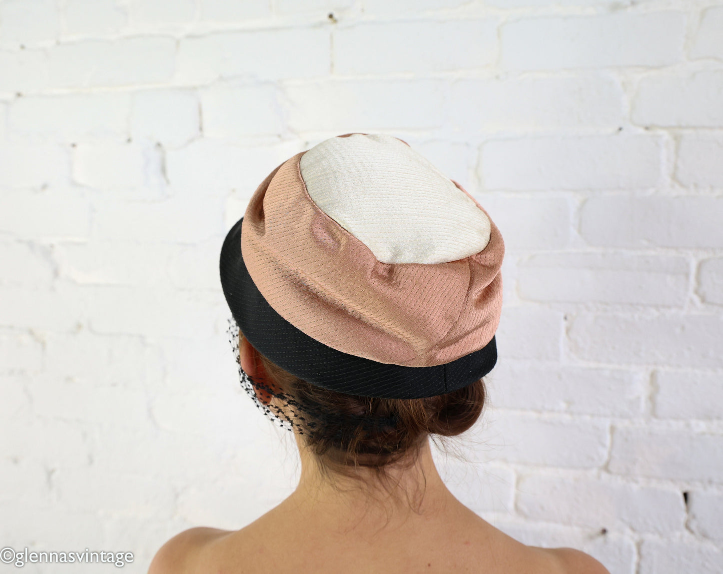 1950s Veiled Satin Cocktail Hat in Creme, Brown & Black