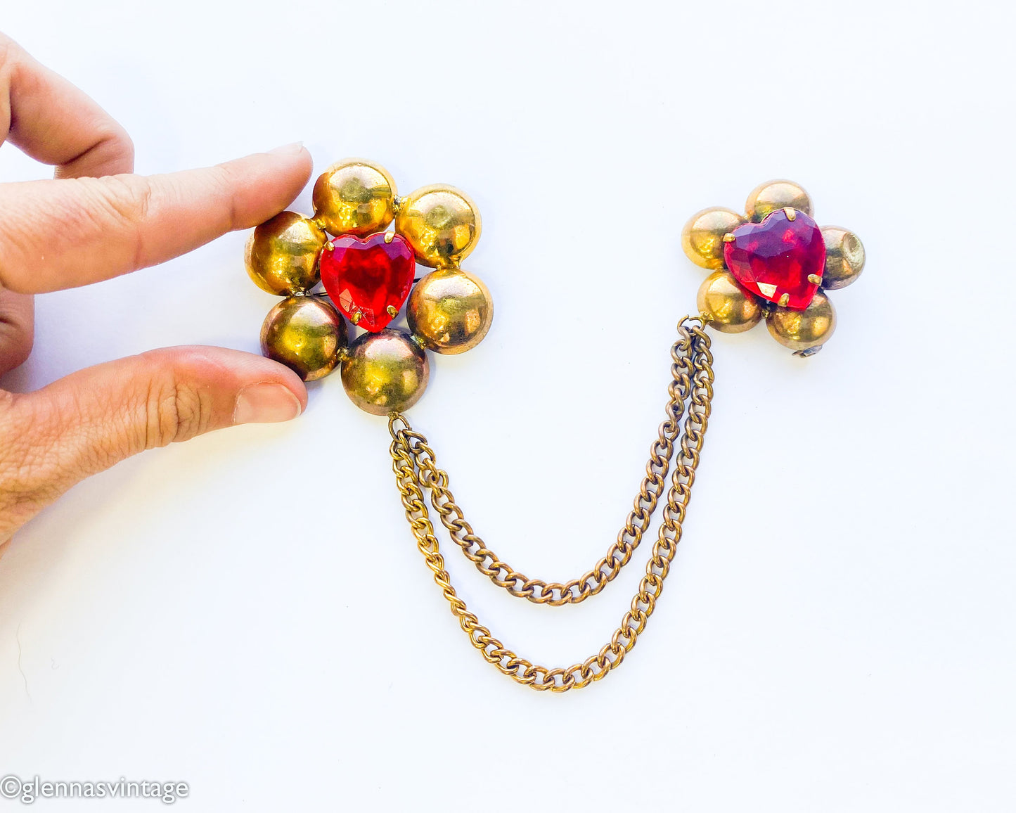 1940s Red Brass Flower Pin Set, Sweater Guard