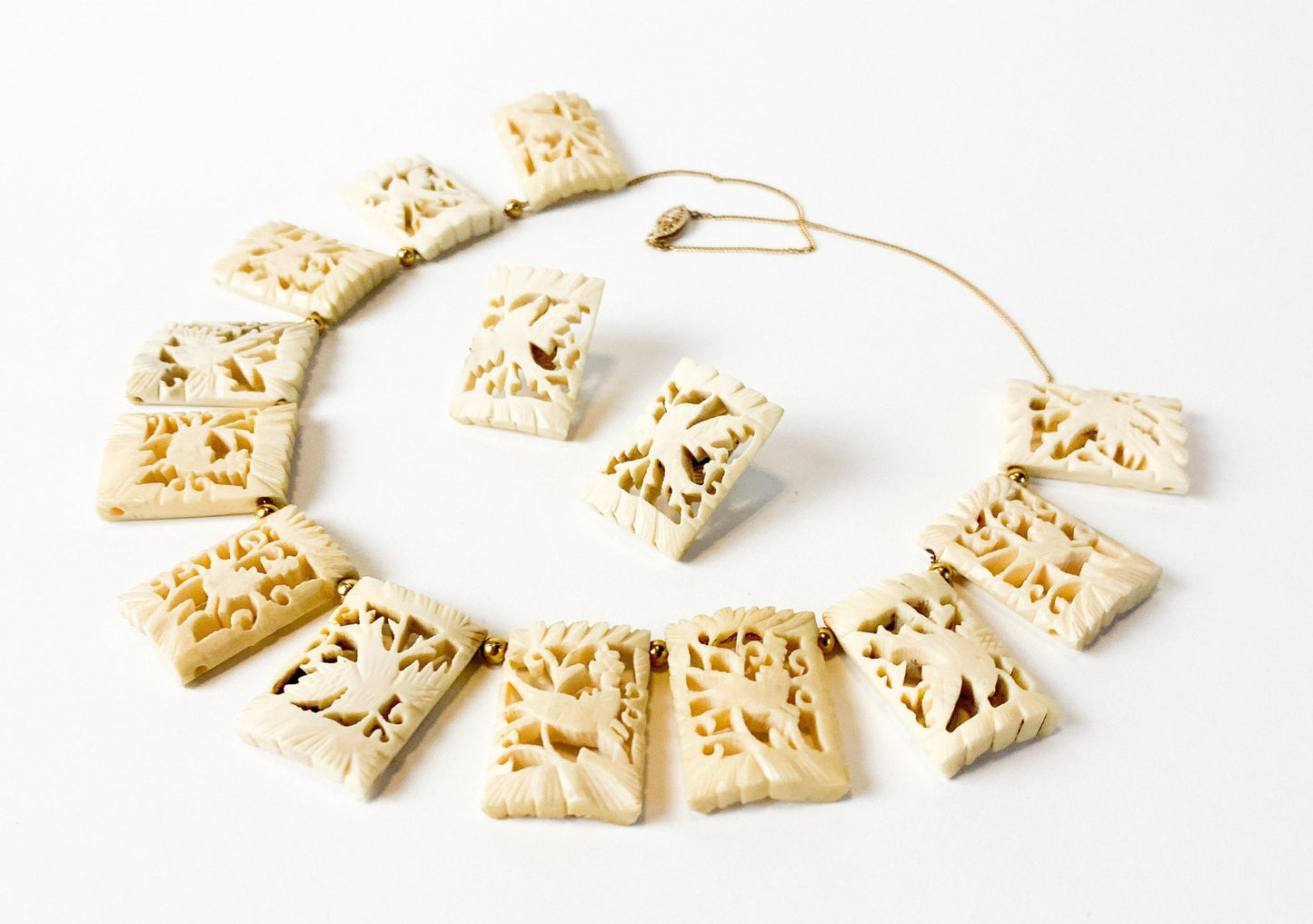 1950s Carved Bone Bird Necklace and Earrings Set