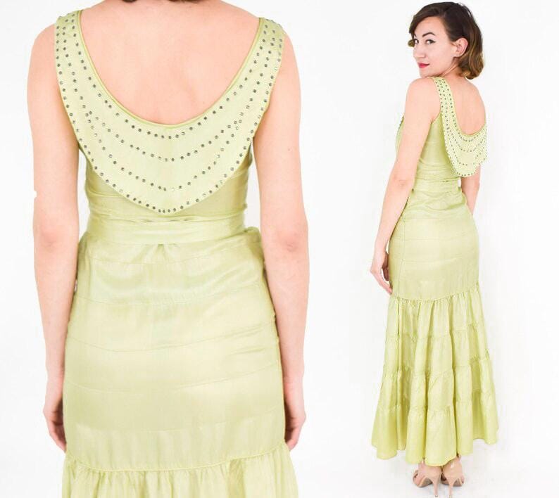 1930s Chartreuse Yellow Taffeta Evening Gown, Extra Small