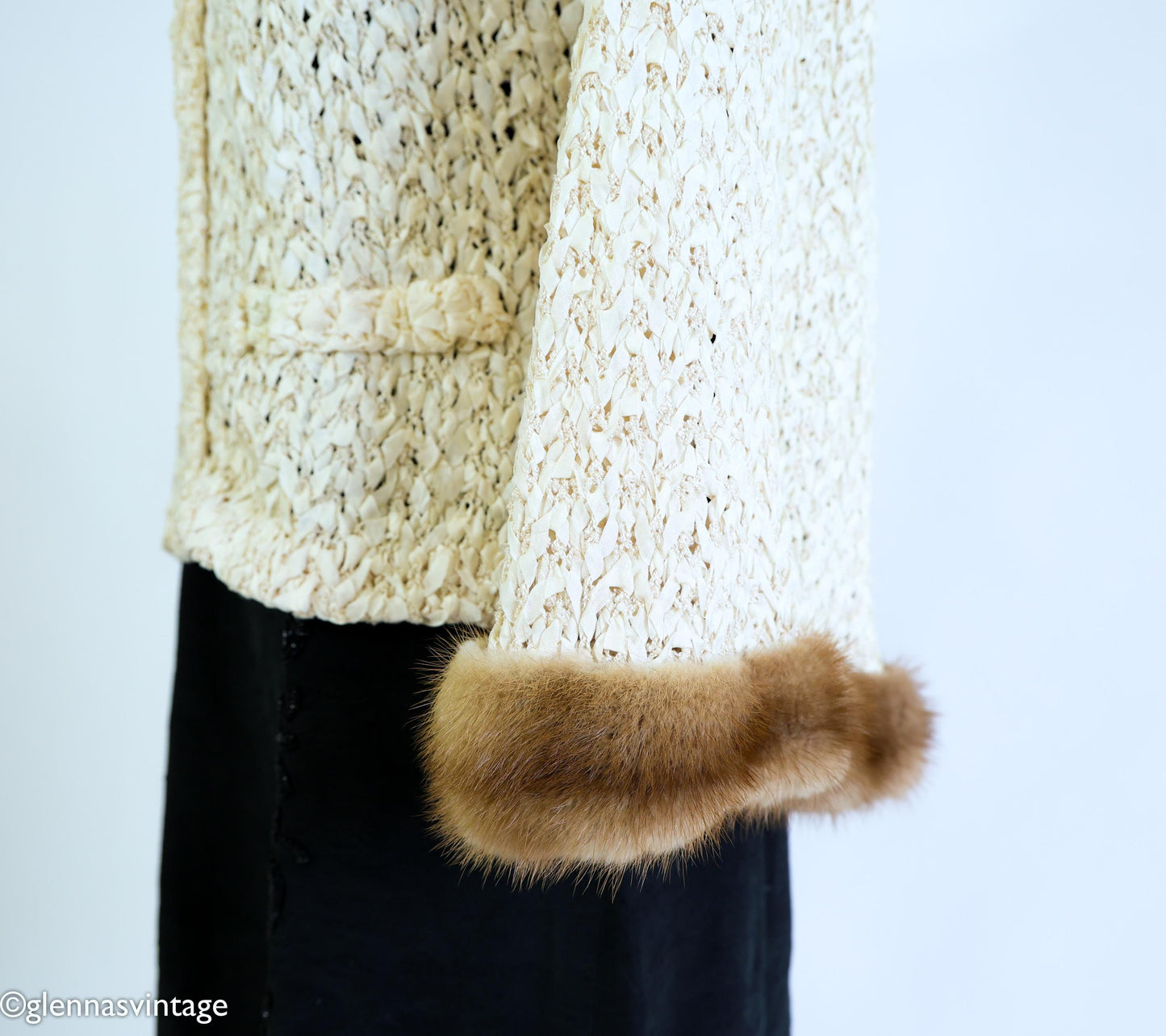 1940s Creme Crochet Ribbon Mink Trimmed Capelet |  40s Creme Silk Mink Trimmed Ribbon Cape  | One Size