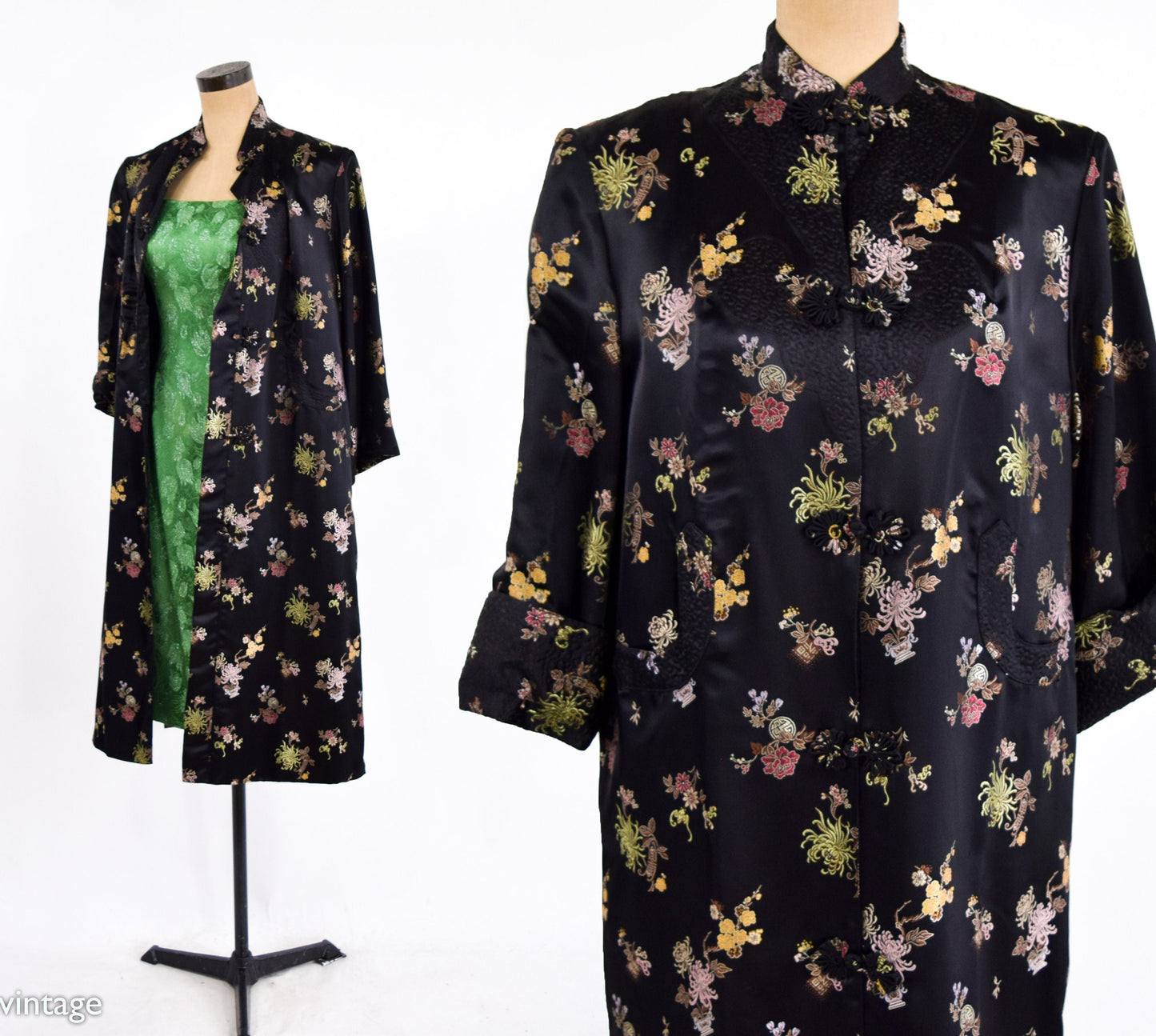 1950s Black Silk Asian Coat | 50s Black Floral Asian Coat | Peony | Medium