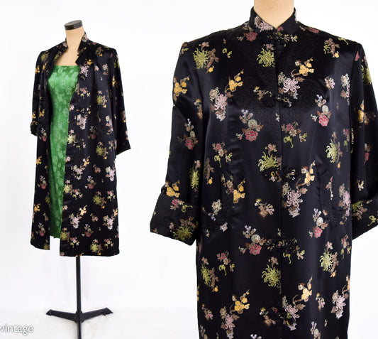 1950s Black Silk Asian Coat | 50s Black Floral Asian Coat | Peony | Medium