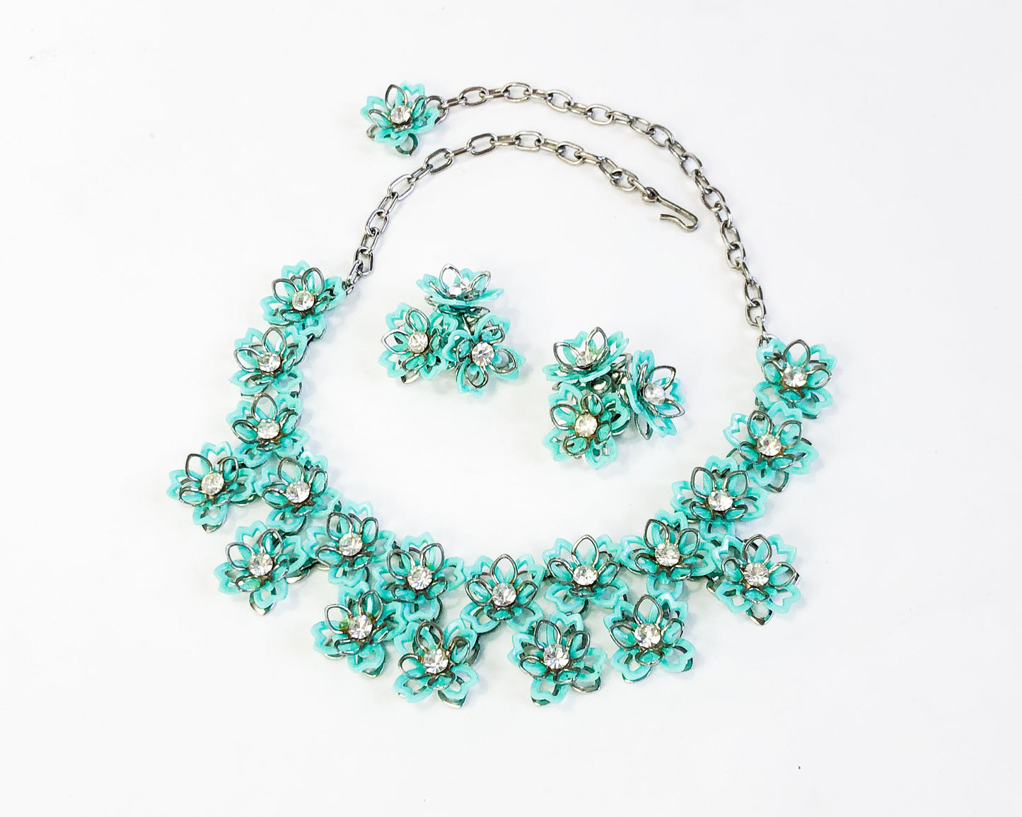 1960s Turquoise Flower Necklace Set | 60s Turquoise Plastic Flowers Necklace Jewelry Set