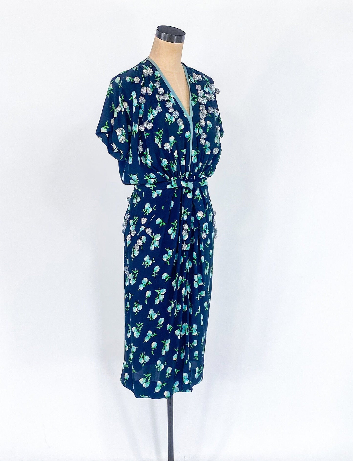1940s Navy Blue Floral Sequin Dress, Large