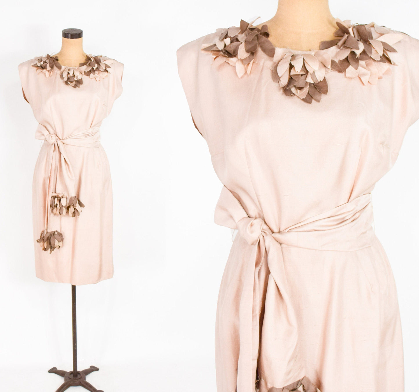 1950s Flutter Collar Creme Silk Sheath Dress, Medium