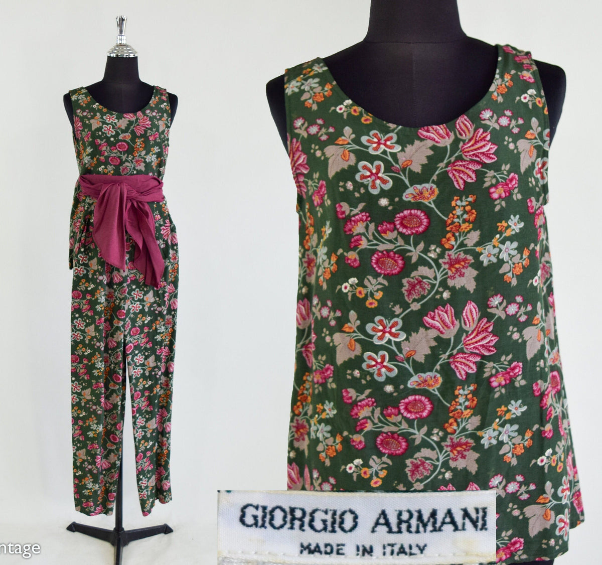 1990s Giorgio Armani Green Floral Pants & Top Set, Small