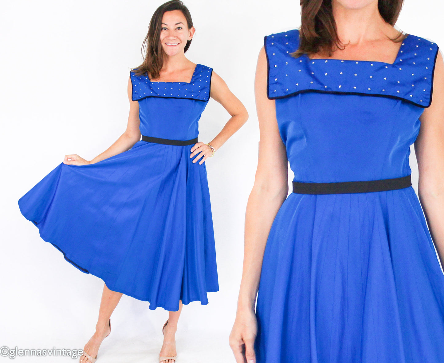1940s Vintage Peacock Blue Taffeta Cocktail Dress with Rhinestone Collar, Small