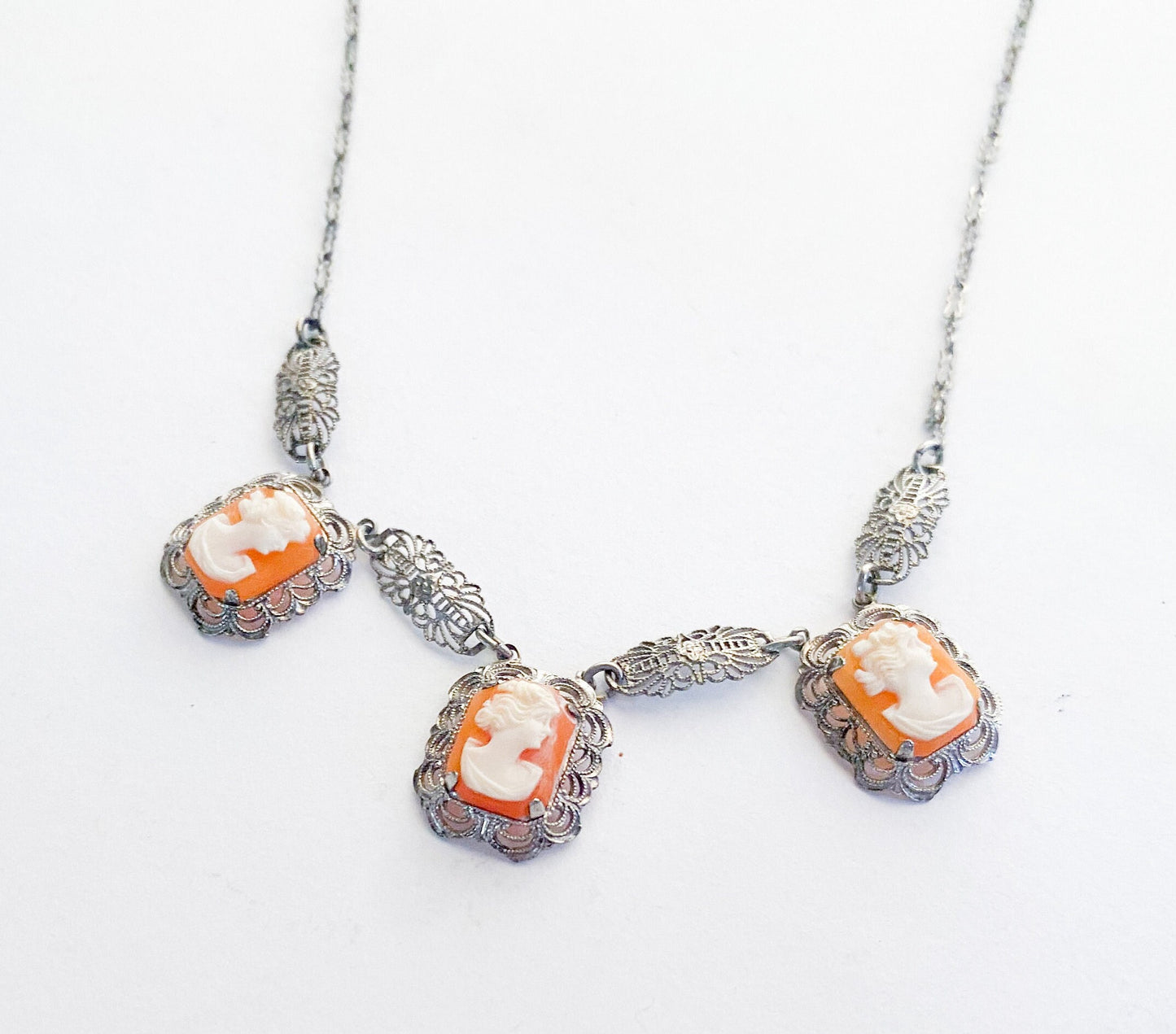 1920s Sterling Silver Cameo Necklace, Filigree Shell Cameos
