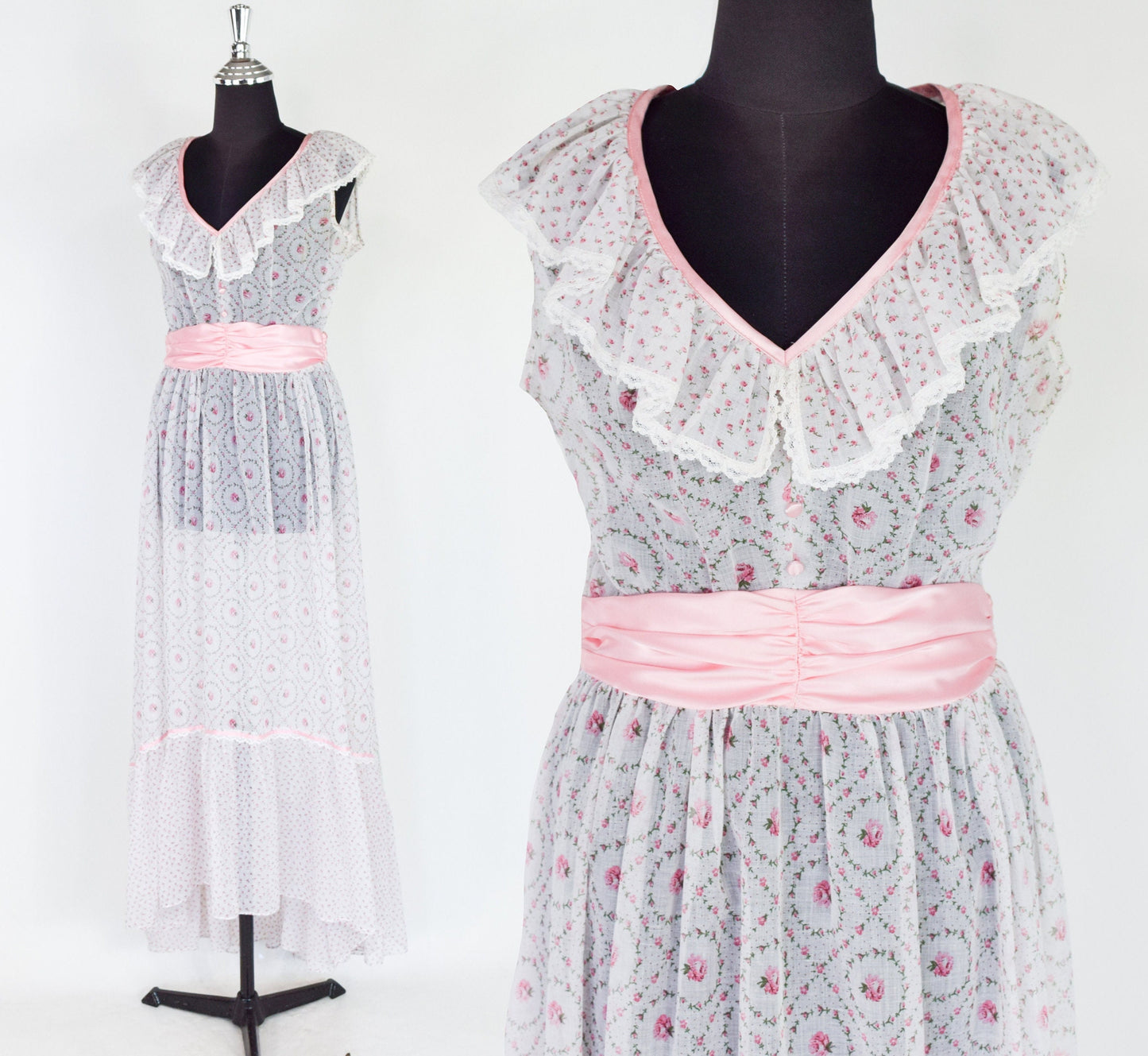 1970s White Pink Floral Print Maxi Dress, Small