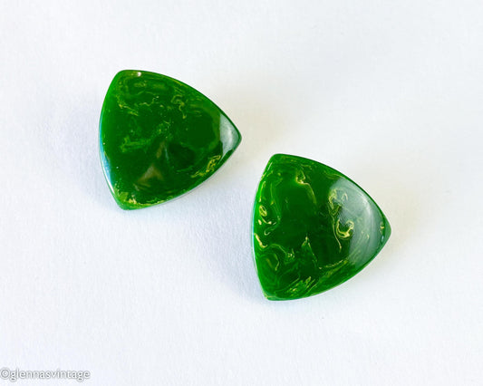 1940s Green Bakelite Earrings | Green Marble Plastic Clips
