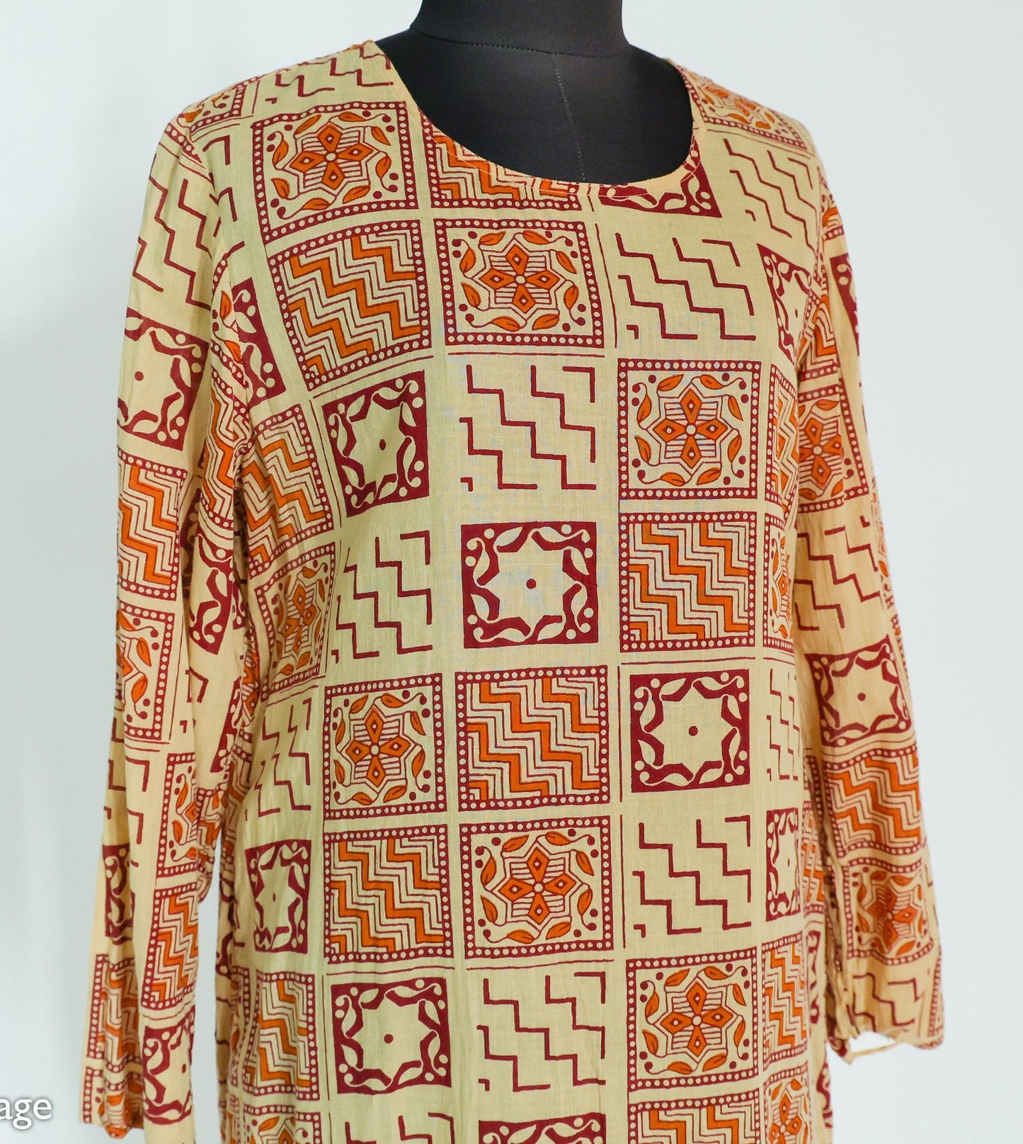 1980s Brown Print Cotton Caftan Tunic Dress, Medium