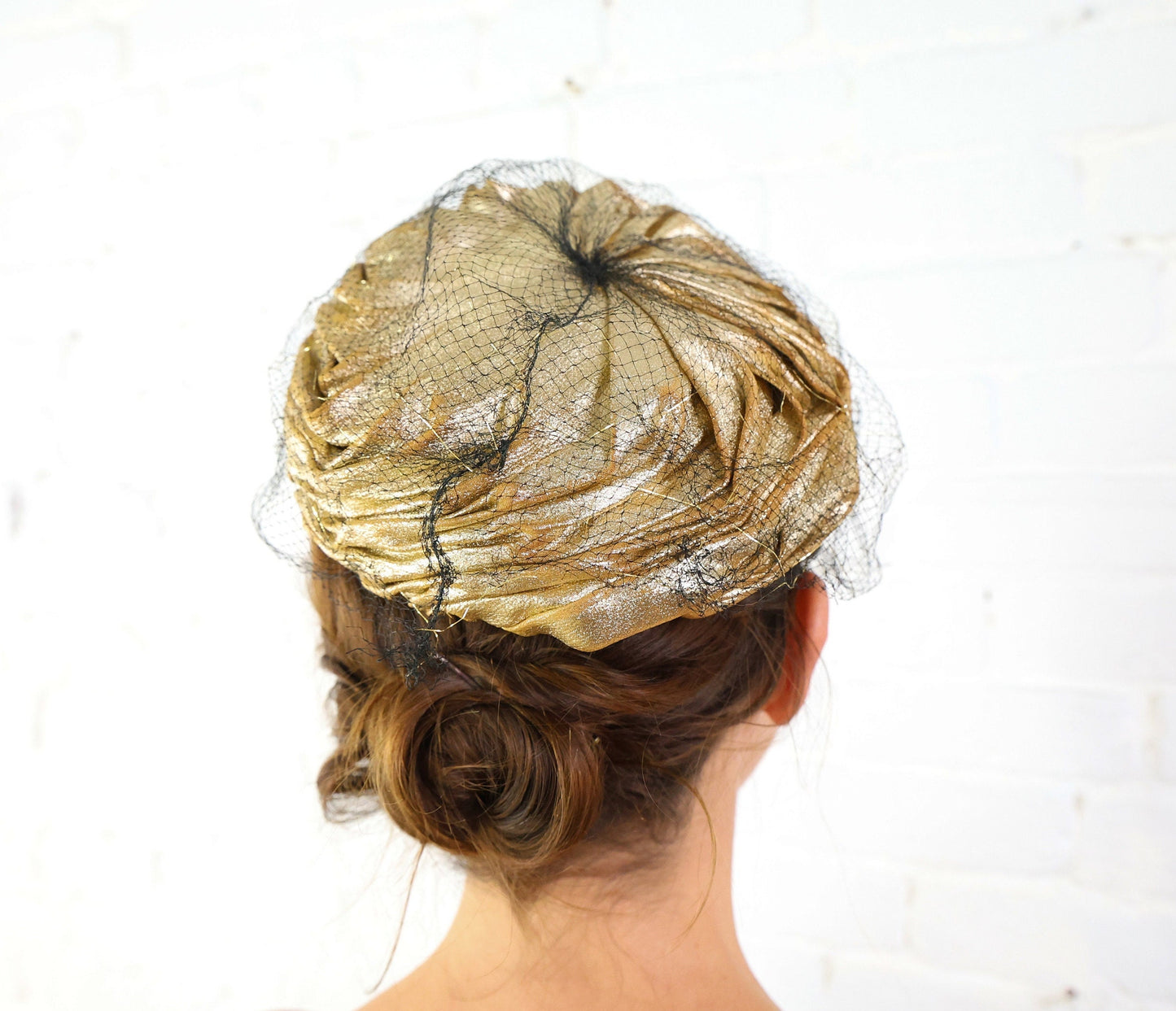 1950s Metallic Gold Fabric Hat | 50s Gold Metallic Gathered Hat