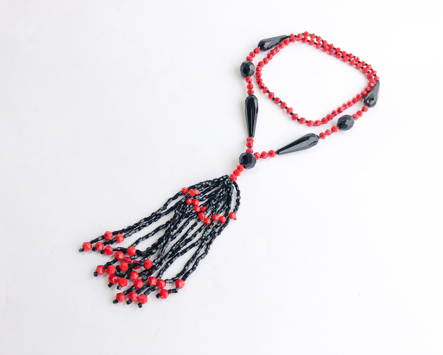 1920s Flapper Necklace | Red & Black Beaded Tassel Rope