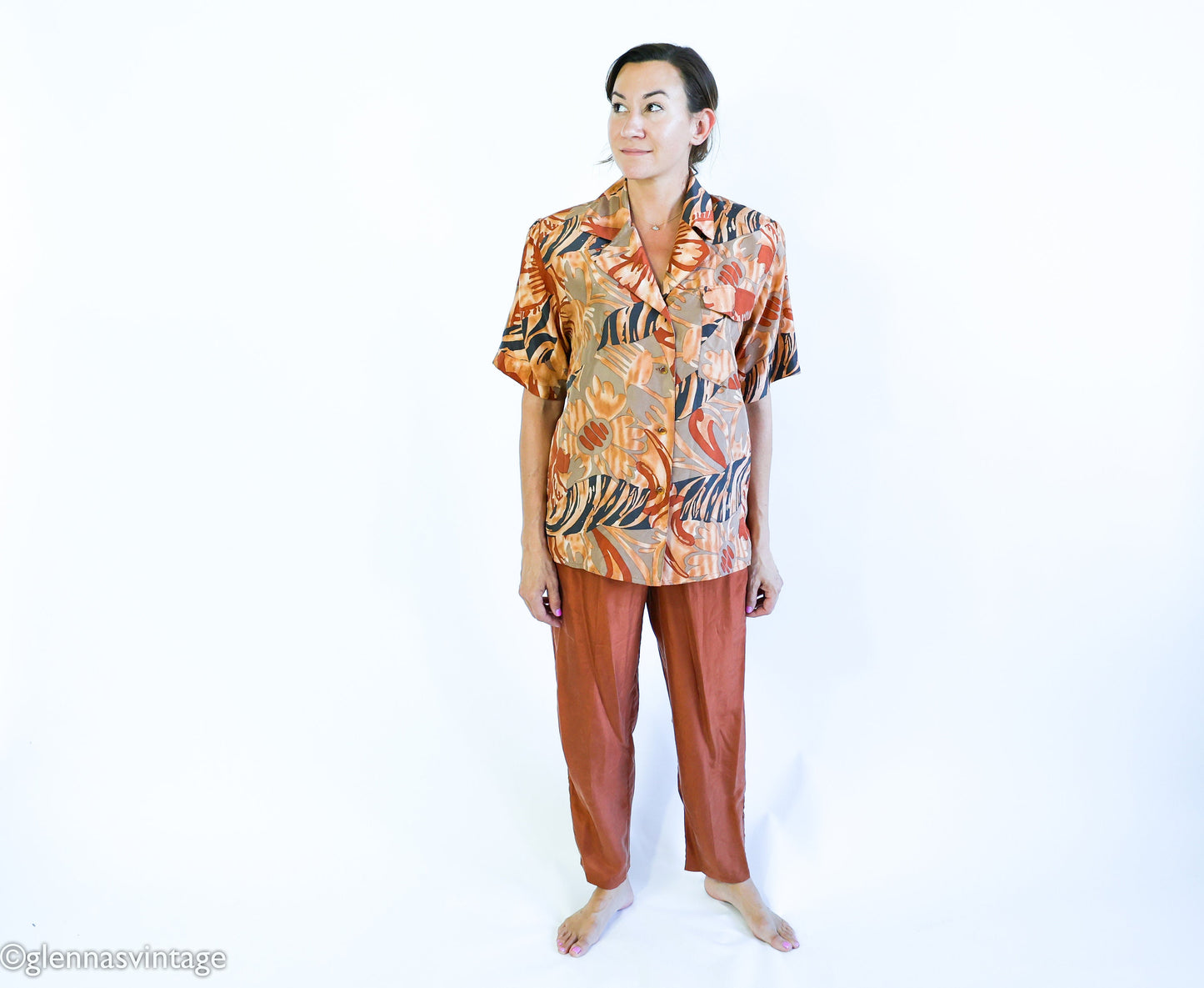 1980s Brown Silk Top Pants Set | 80s Brown Floral Blouse & Slacks | La Chine | Medium