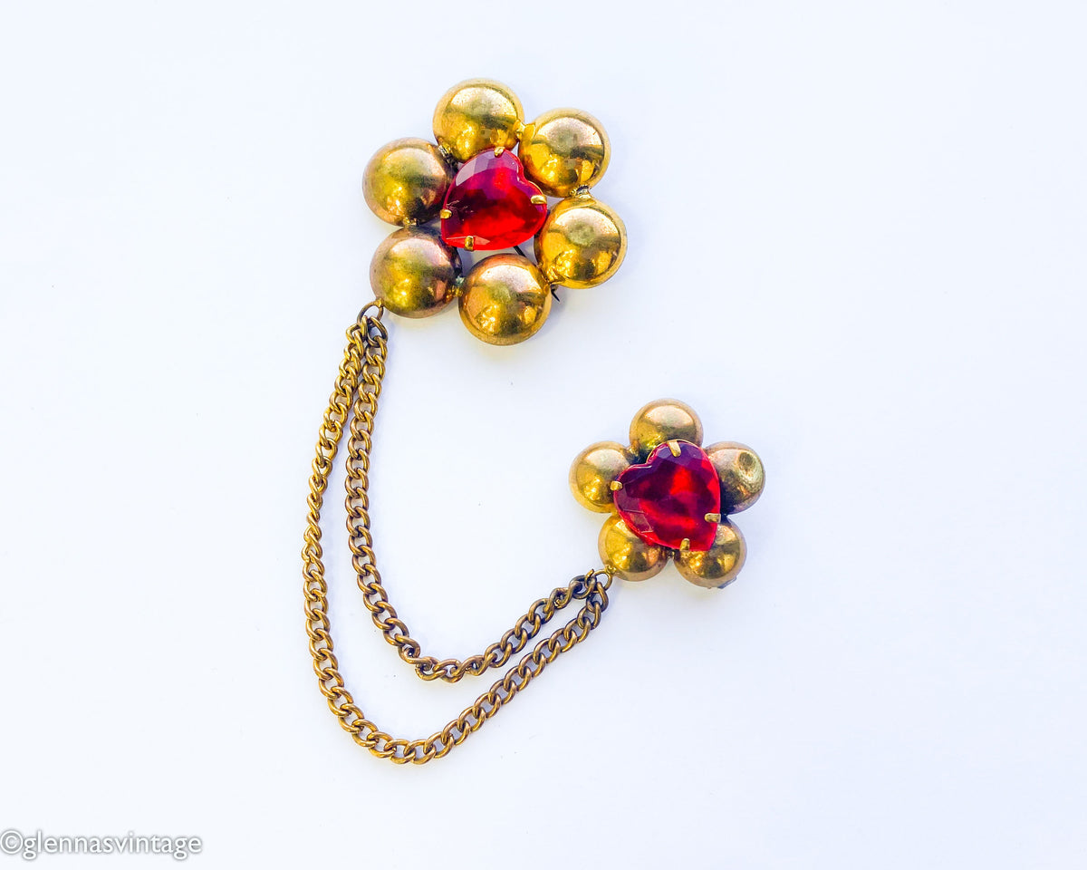 1940s Red Brass Flower Pin Set, Sweater Guard