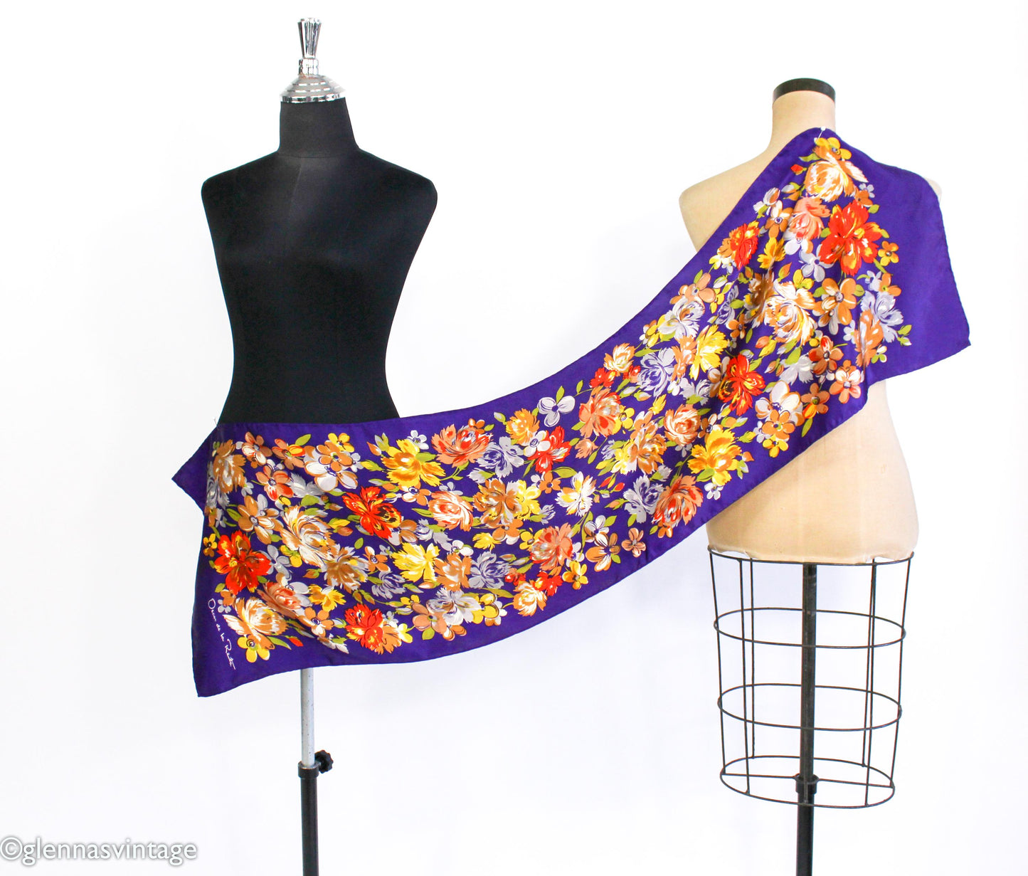 1980s Oscar de la Renta Purple Floral Silk Scarf