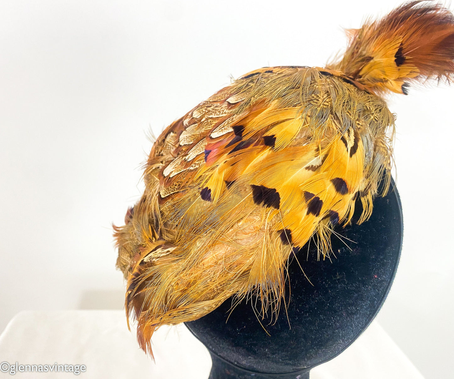 1940s Feather Fascinator Hat, Brown Quail Feather Saucer, Wool Felt