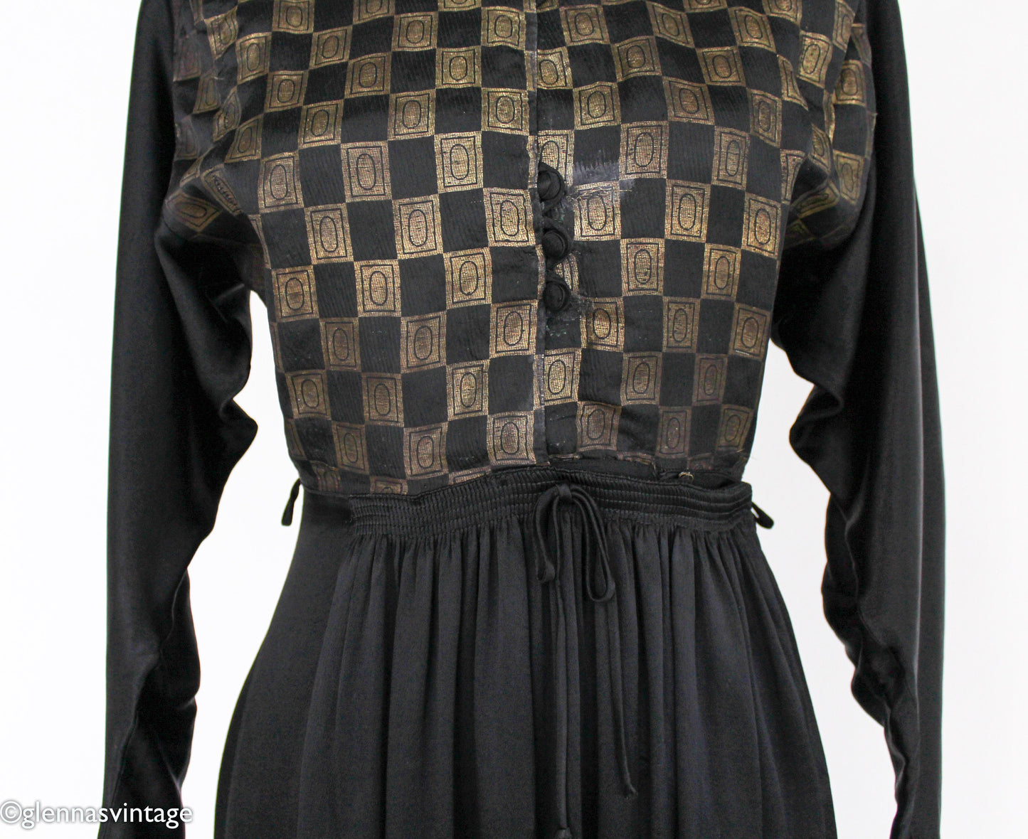 1940s Gold & Black Silk Dress | 40s Black Silk Embroidered Dress | Tula | Small