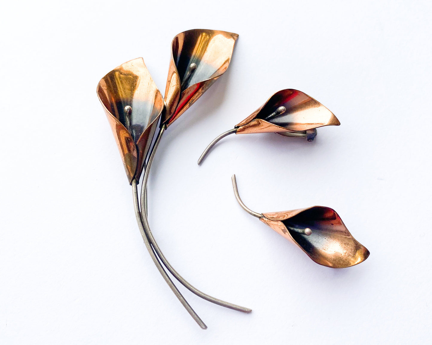 1950s Copper Flower Brooch & Earrings Set | 50s Copper Flower Pin Earring Set | Copper Flower Stems
