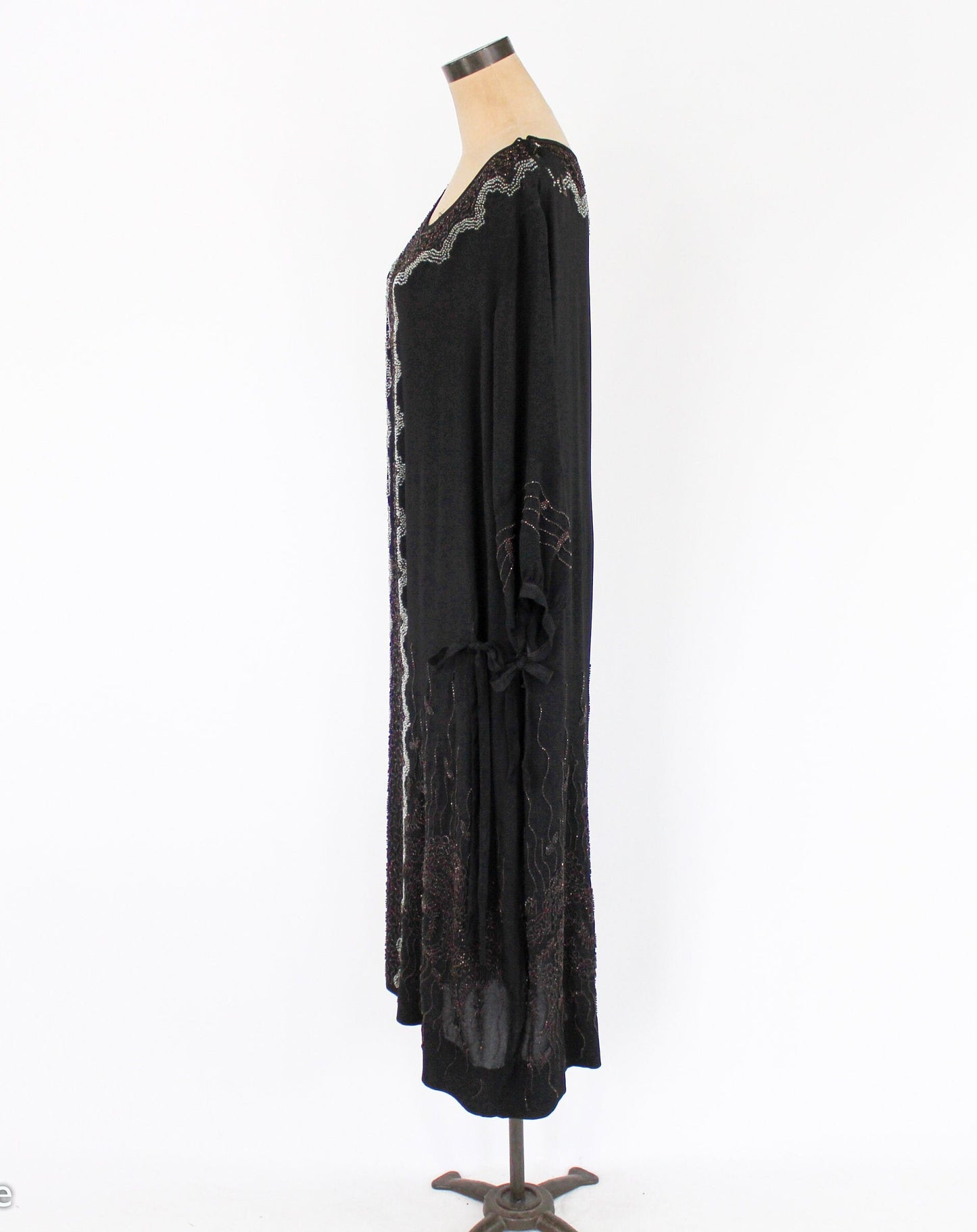 1920s Plus Size Beaded Black Silk Dress, Extra Large
