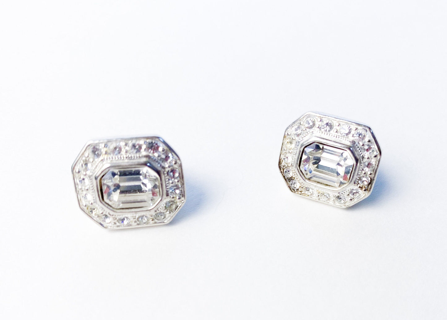 1950s Silver & Rhinestone Clip Earrings | 50s Silver Rhinestone Evening Earrings