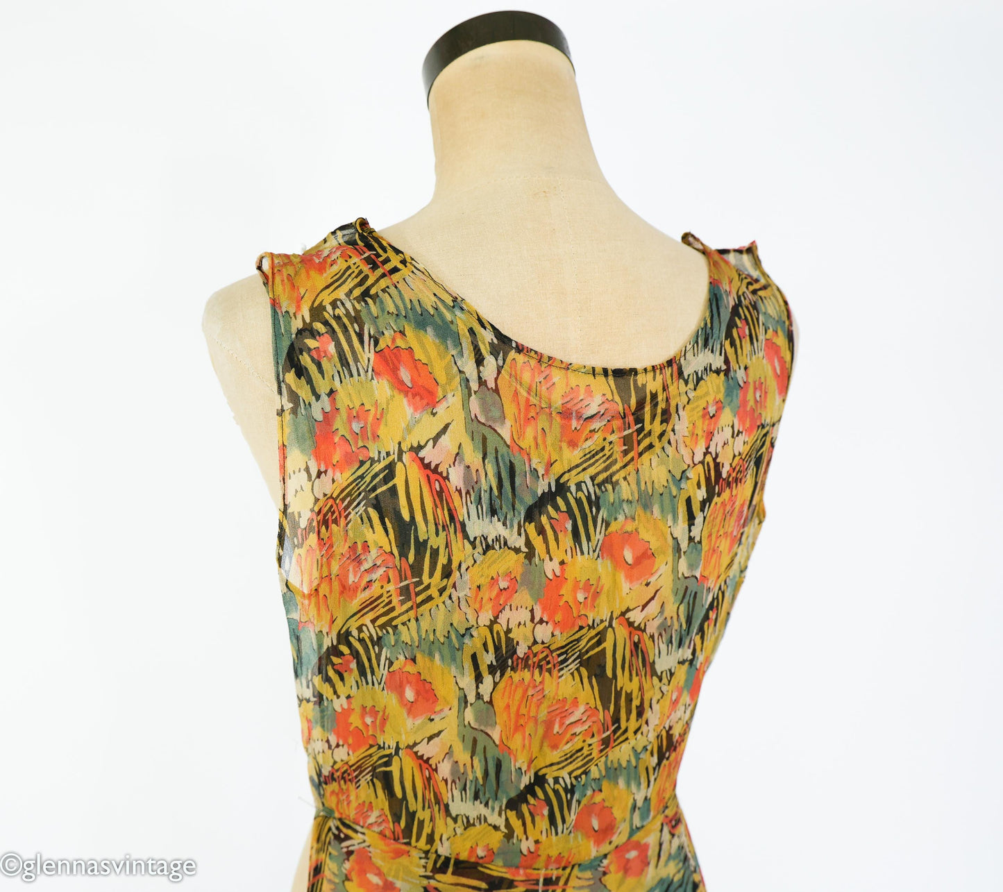 1930s Floral Print Silk Chiffon Dress with Asymmetrical Hem, Extra Small