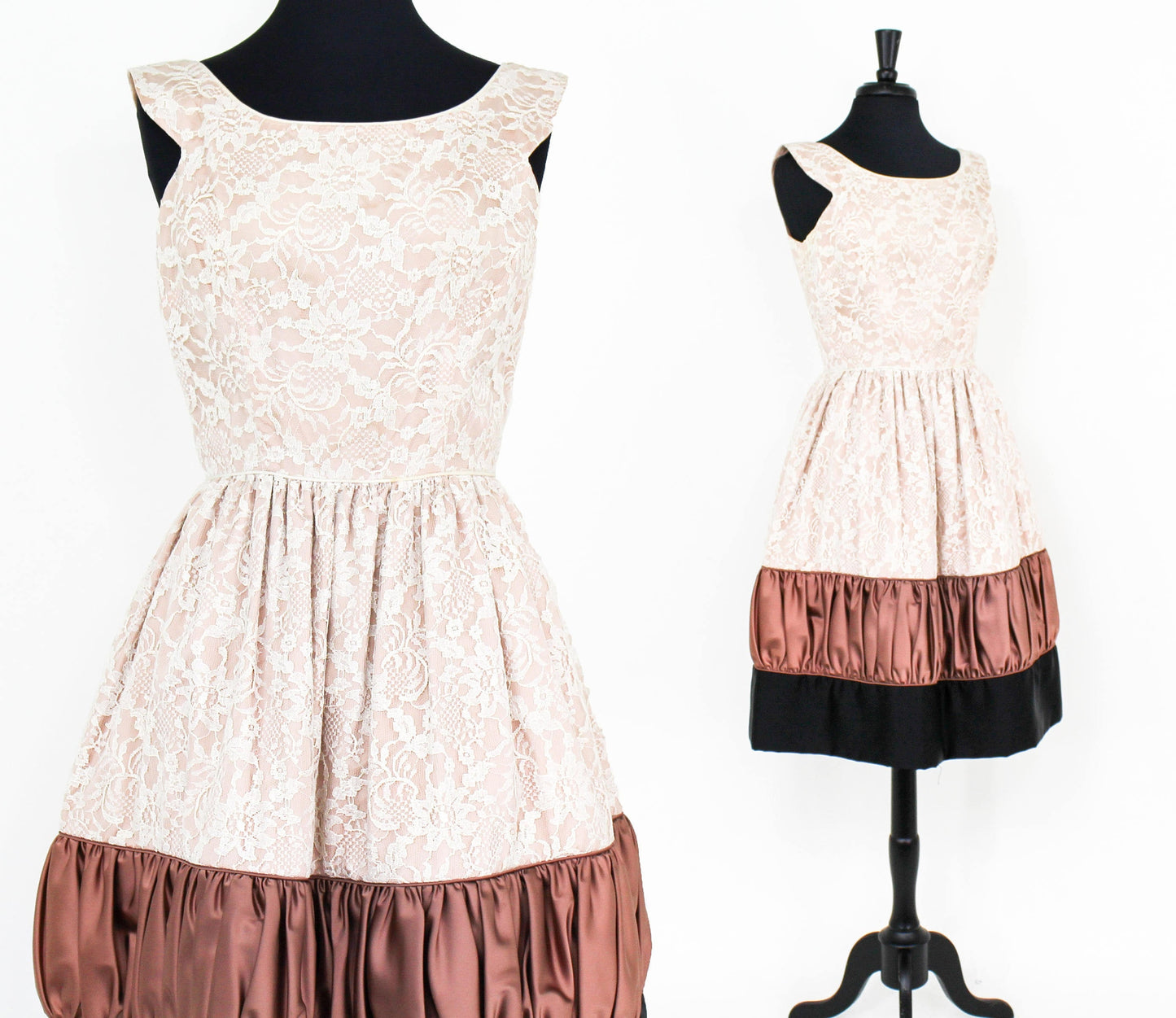 1950s Beige Lace & Brown Satin Party Dress, Medium