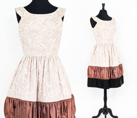 1950s Beige Lace & Brown Satin Party Dress, Medium