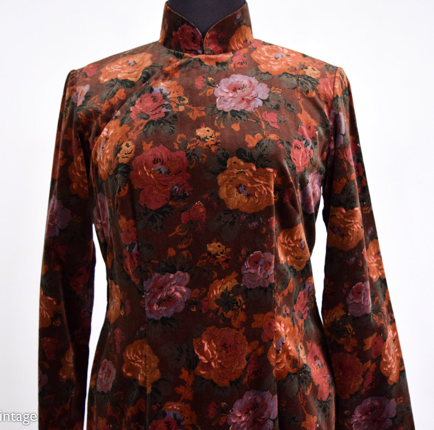 1950s Brown Floral Velvet Cheongsam Dress, Small