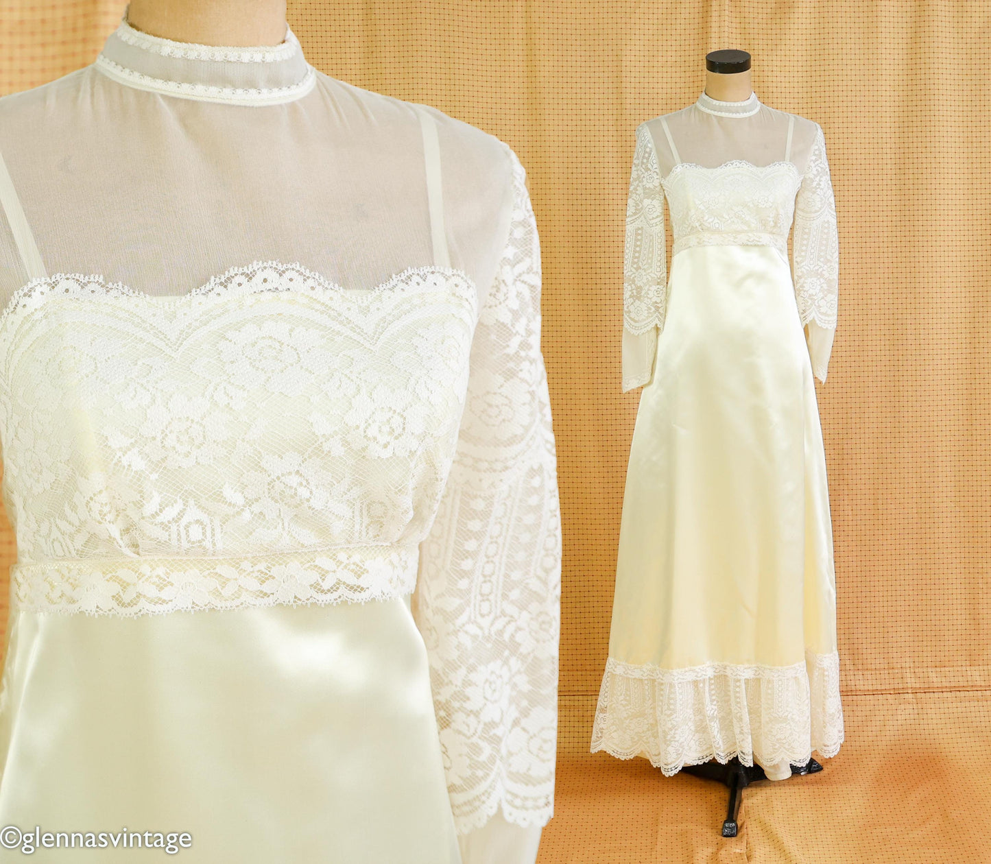 1970s Edwardian Style Wedding Gown in Candlelight Satin Lace, Small