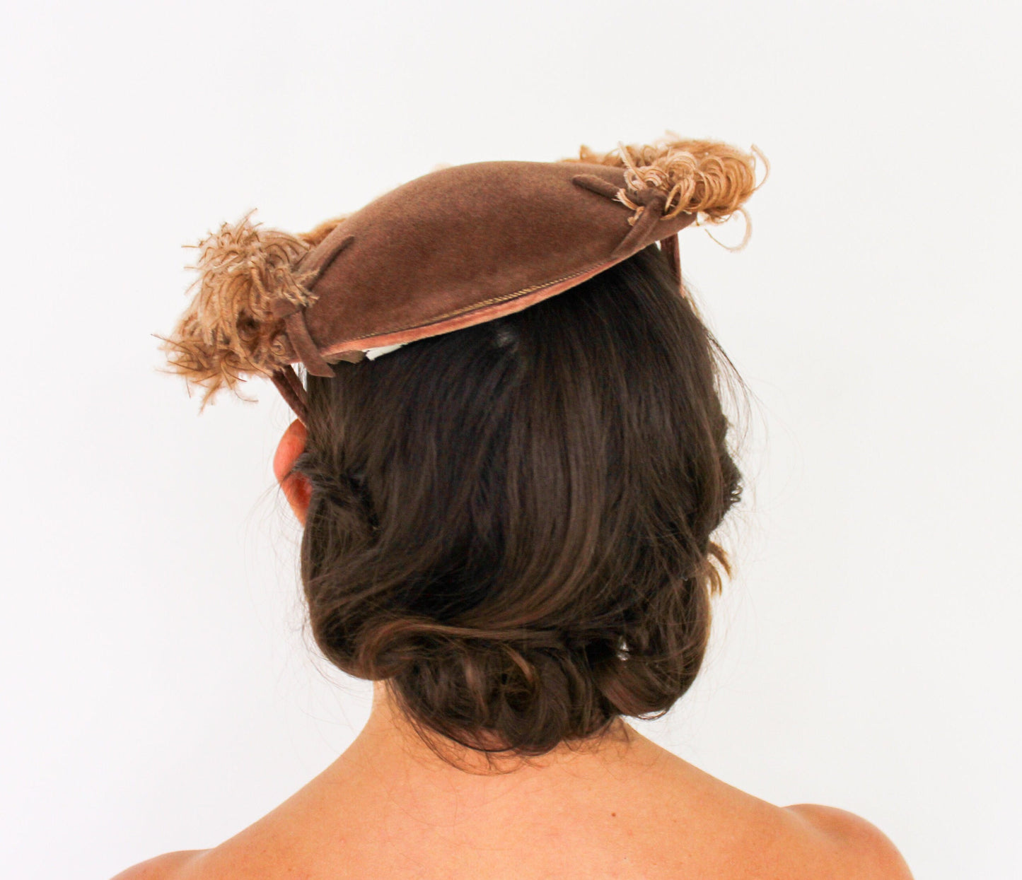 1950s Brown Wool Velour Saucer Hat | Vintage Feather Trim