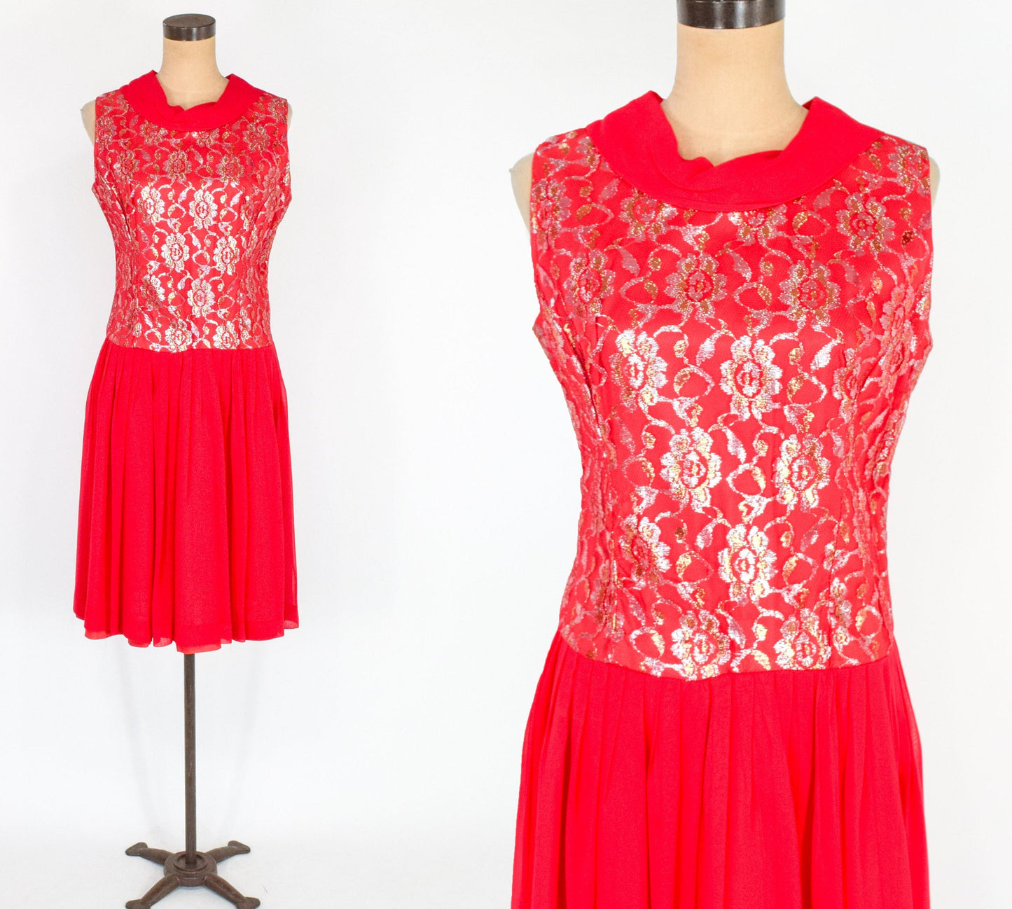 1950s Red Chiffon & Silver Lace Party Dress, Medium