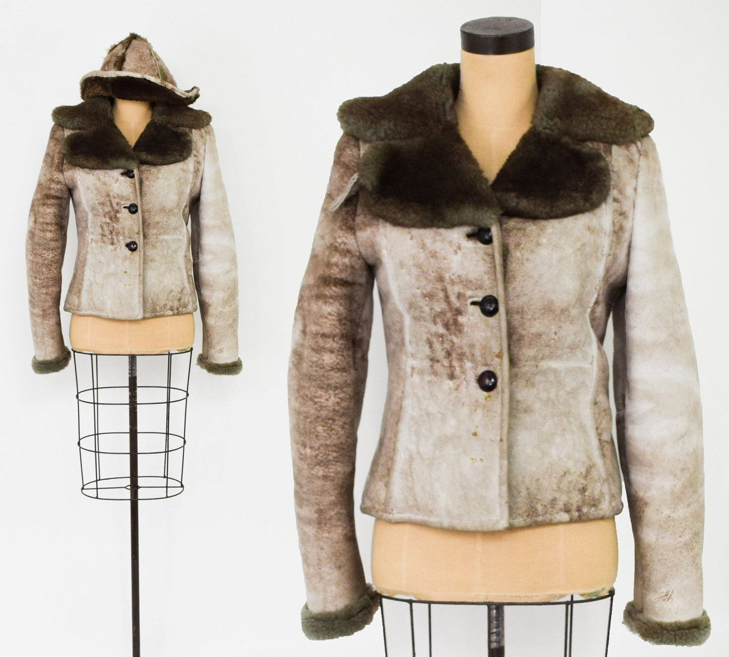 Vintage Shearling Coat with Hood, Women's Beige Suede Jacket, 1970s Style