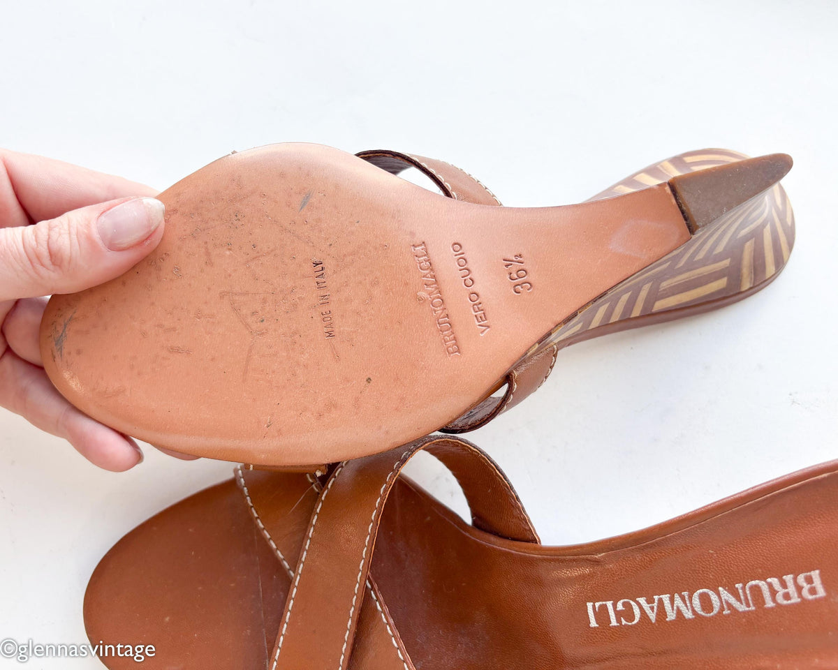 1990s Brown Leather Wedge Sandal Heels, Bruno Magli, US 6, EU 36.5
