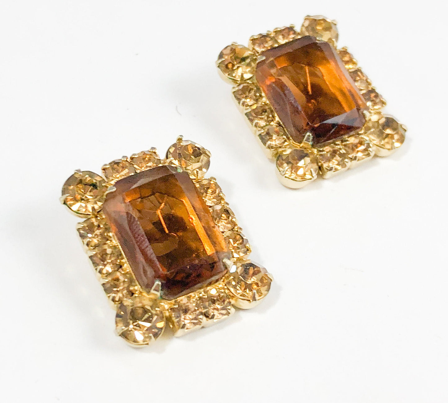 1960s Brown & Gold Rhinestone Earrings | 60s Rectangle Brown Rhinestone Earrings