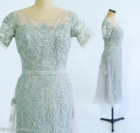 1950s Dove Gray Tulle Tea Party Dress, Small
