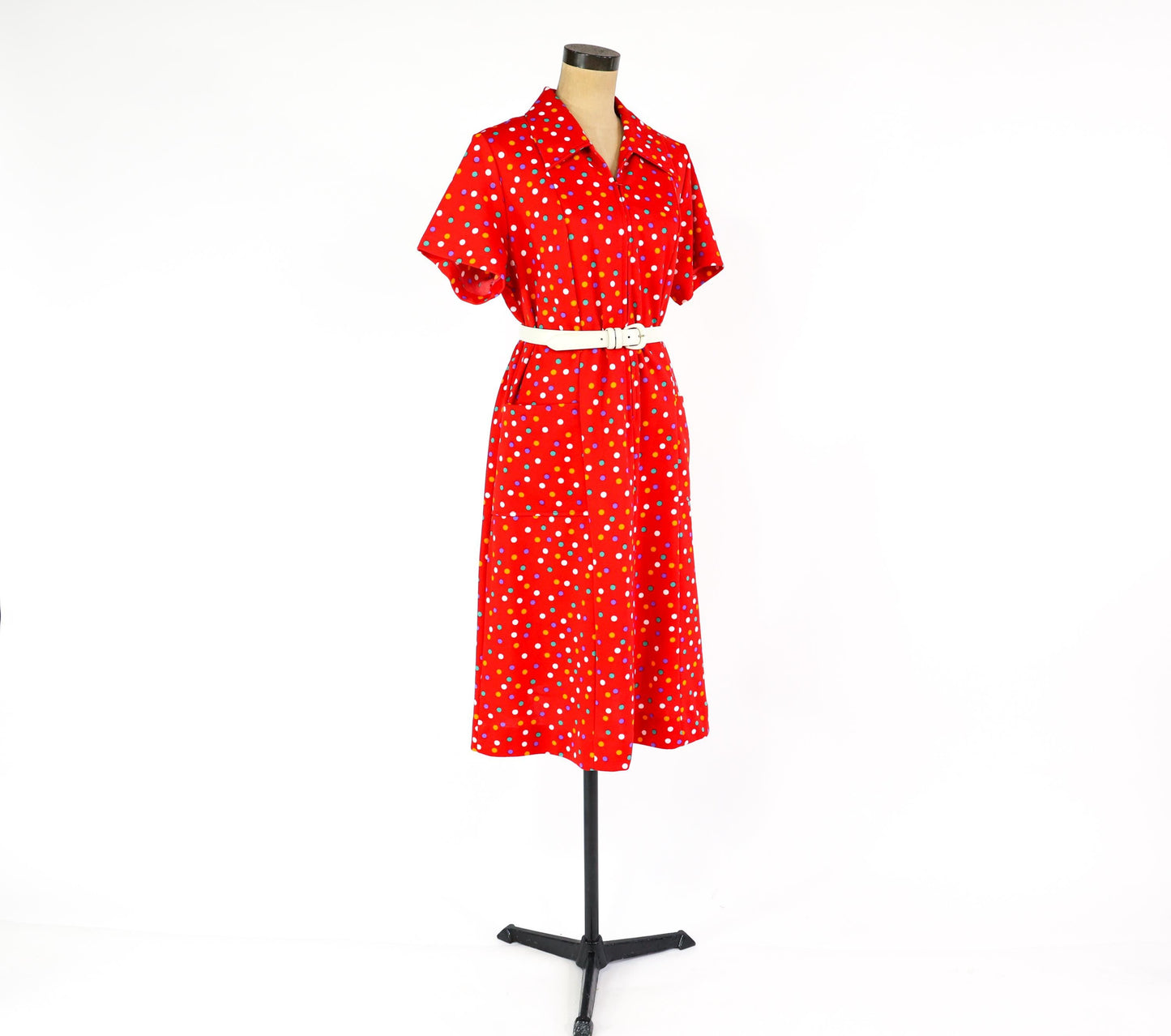 1970s Red Polka Dot Dress, XL 42" Waist